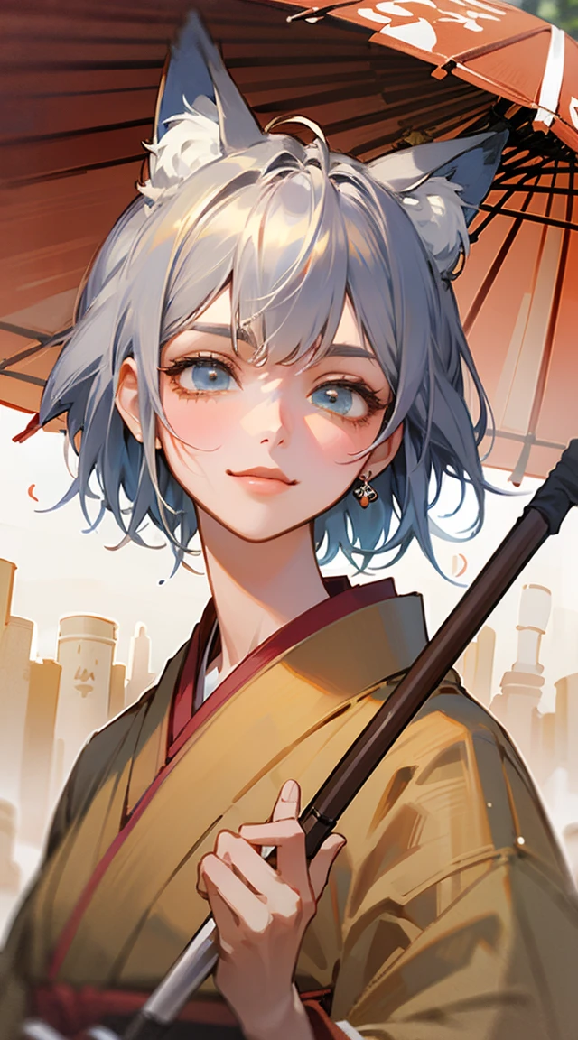 ((masterpiece, best quality) detailed,Pretty Face、beautiful eyes ,Fox ear beauty,Red and gold miko kimono ,Short silver hair ,elegant, (Fox ears),Red Eyeshadow, shy smiley face,Look at the floor and lower your head,Holding a paper umbrella,Rainy Day,Fushimi Inari Taisha Shrine is great mystery Wonderland raindrops glitter colorful, 最detailed,Close-up of face,half face