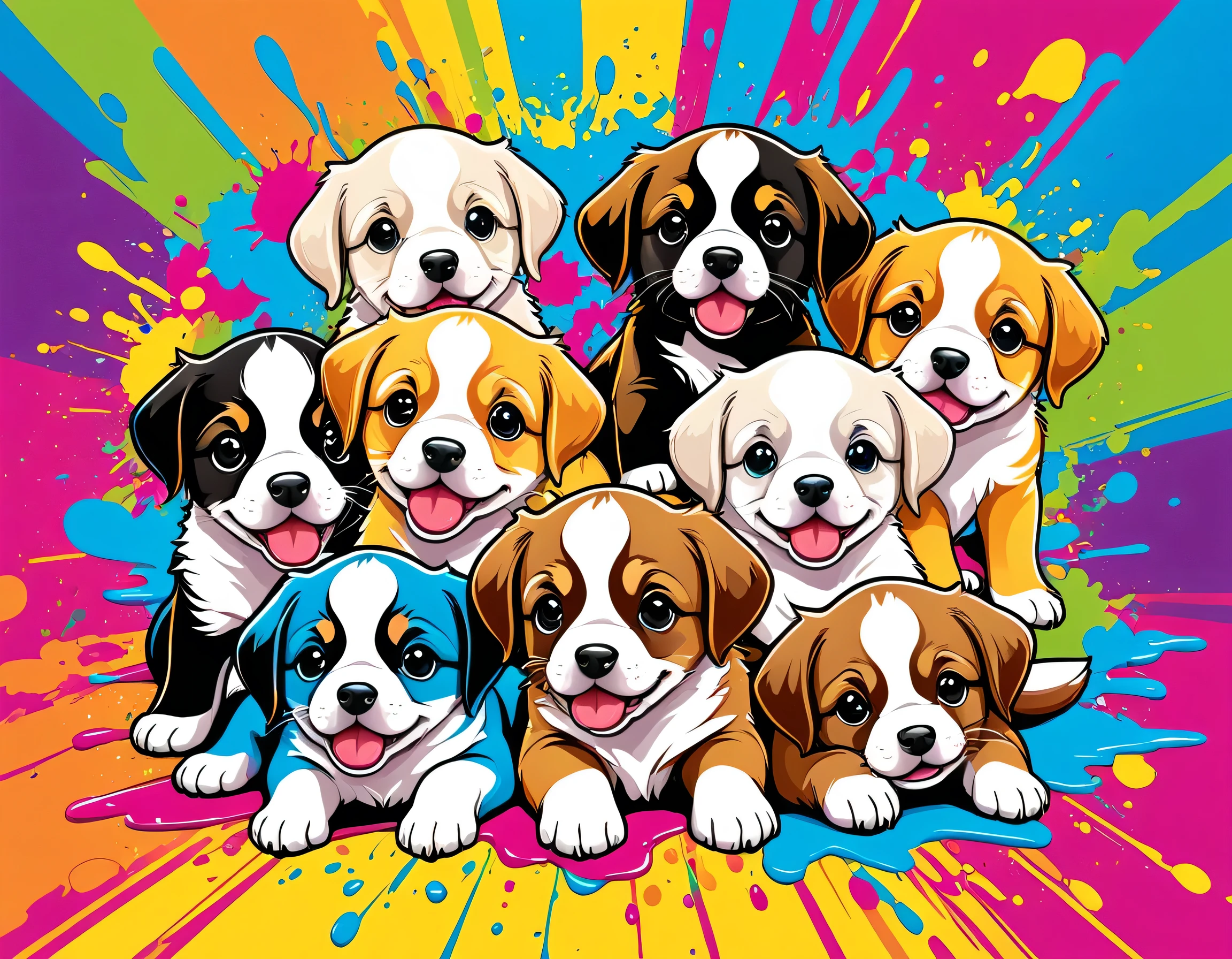 Komugiko 2000 Style, Vector Art, Colorful illustration with lots of cute puppys, In the center, Vibrant colors, Paint splatters and stains, High Detail,Hawaiian style background