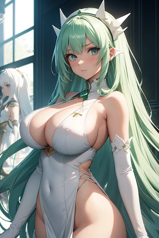 (girl1), (anime), white, with long green hair, an 18 year old woman, with white stockings and a sexy dress, wearing a heroine costume consisting of a white sleeveless swimsuit, white spiked gloves and metal plates on her waist and feet, look at the size of her breasts, they are size AA+