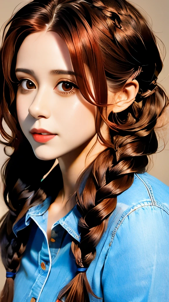 a close up of a woman with long hair wearing a denim shirt, two braids, braided brown hair, red braided hair, braided hair. nightime, braids, gorgeous hair, complex redhead braided hair, woman with braided brown hair, red intricate long braids, pigtail braids, braid hairstyle, long braided hair, beautiful hair, pigtails hairstyle