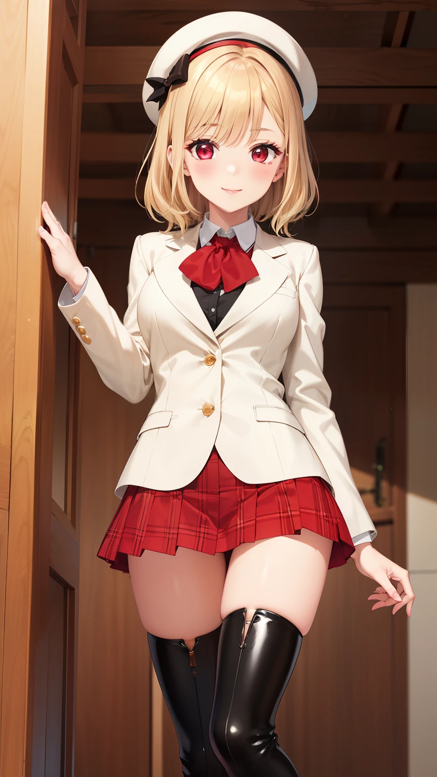 masterpiece, ultra-detailed, illustration, game cg, best quality, highres, kitagawa marin, 1girl, short fluffy blonde hair, swept bangs, gradient hair, red eyes, glossy lips, light smile, blush, large breasts, hat, red puffy miniskirt, white blazer, red thigh boots, changing room, looking back at viewer