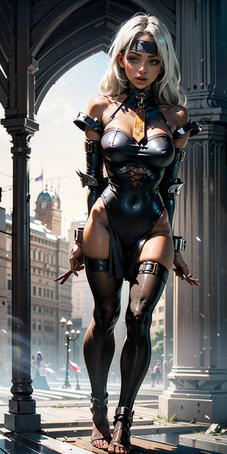 (Masterpiece, best quality, intricate details, PLAIN BACKGROUND, 1sologirl) iron collar, arms behind back, iron cuffs, shackles, leather collar choker neck bell, bound ((standing by wooden pole:1.2)) ((female Black Dark skin Gyaru)) show entire body frontal position, feet in view, realistic, gorgeous 16y.o. darkest skinned mixed race female, black African, transparent black pantyhose, legs open, barefoot no shoes, looking to viewer straight symmetrical, white silver long hair, (((blindfolded cover EYES AND gag inside MOUTH)))