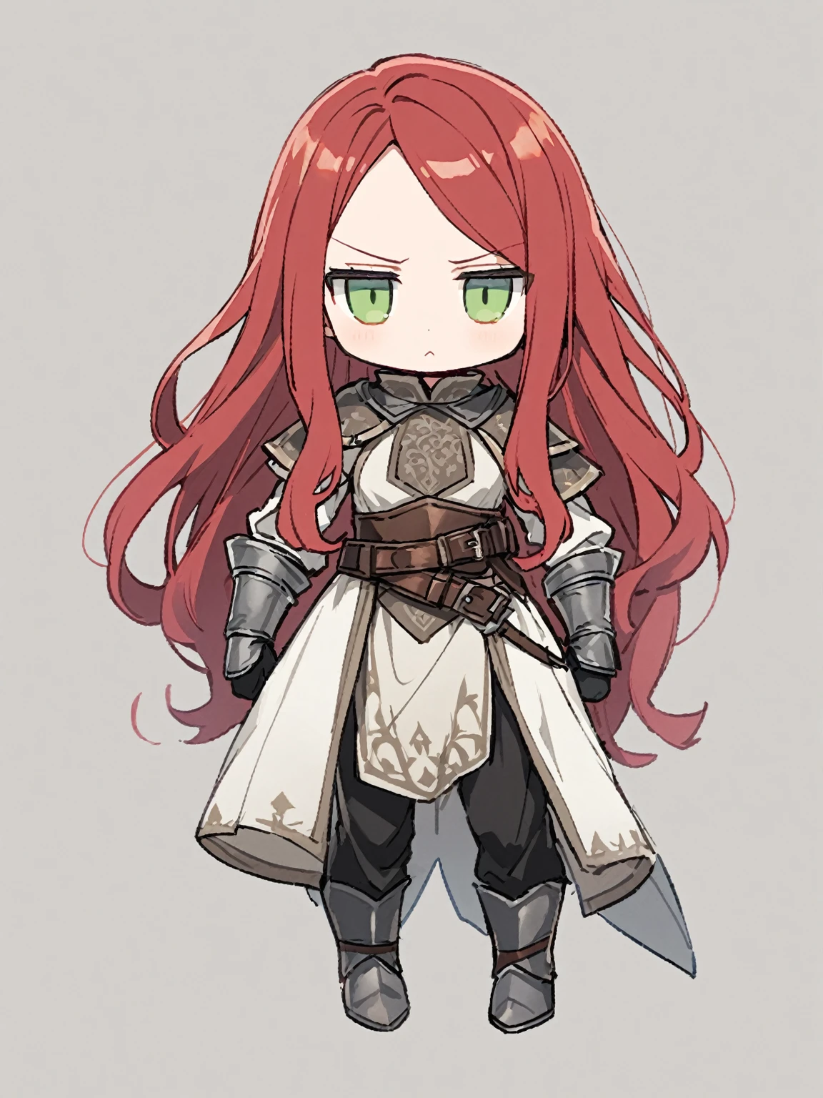 {{{kame (kamepan44231), full body, no humans, chibi, jitome, fumo (doll)}}}, straight-on, looking at viewer, medieval fantasy, solo, blank background, white background, 1girl, solo, red hair, long hair, long sidelocks, long bangs, parted bangs, swept bangs, light green eyes, tsurime, long sleeves, grey gauntlets, long black pants, medium breasts, adventurer, faulds, leather belt, (white coat), black gloves, pose, confident, young female, frown.
