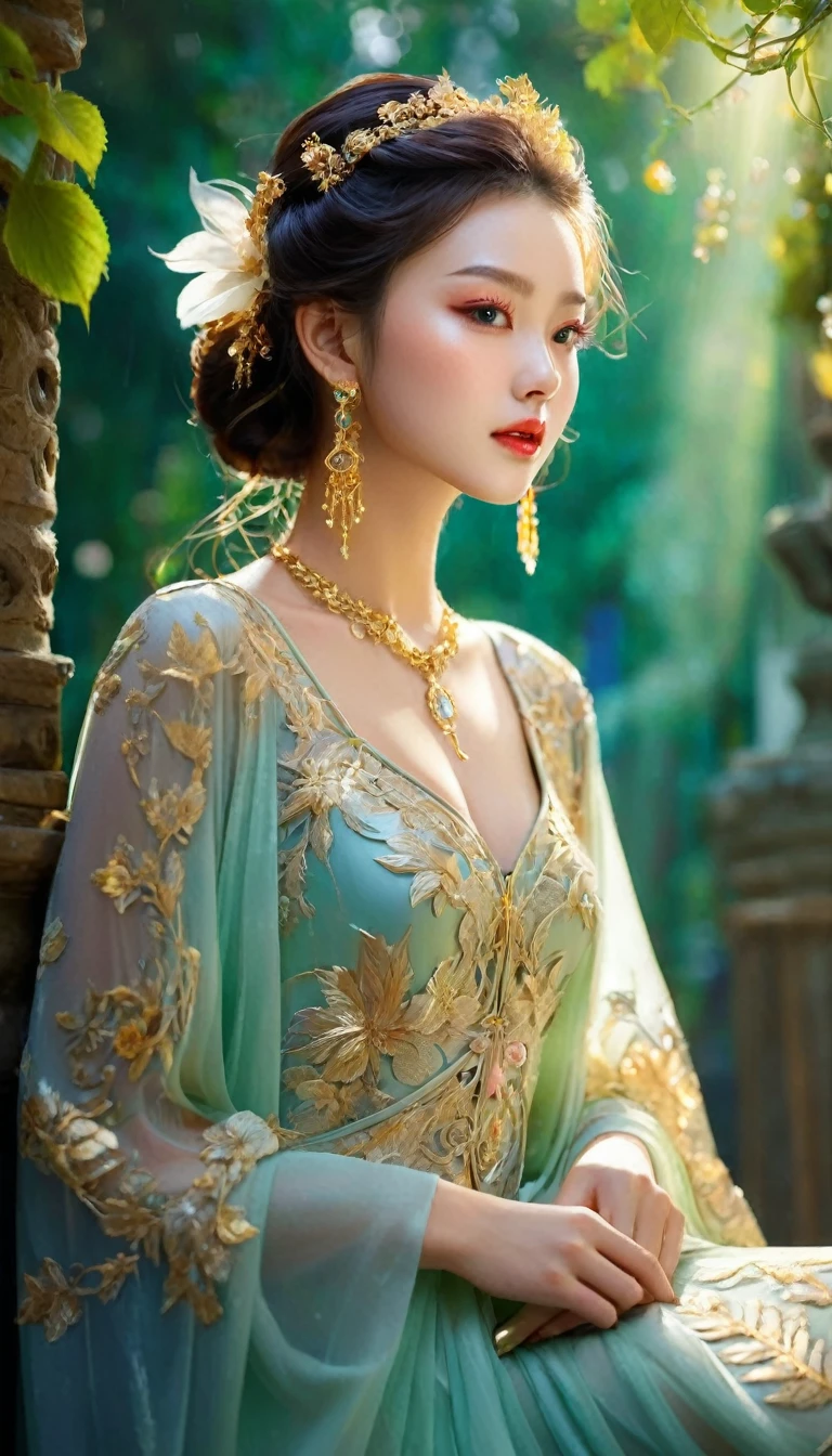 very beautiful girl, korean mixed idol model;
age from 18-20 years old;
detailed, ivory-white, rosy, shiny, glossy skin;
golden red hair, smooth, flowing in the sunlight, detailed;
blue eyes, seductive, ((sharp makeup)), realistic, ((wet)), detailed, pink eyeshadow;
two delicate eyelids, perfectly beautiful, detailed, black eyelashes;
curved, sparse, sharp, detailed eyebrows;
beautiful and perfect face, saintly, light makeup, perfectly proportioned, beautiful in every detail, ((shiny)), cosmetics;
beautiful, lovely, high, detailed nose;
Blush, prominent, detailed cheekbones;
seductive lips, glossy pink lips;
radiant smile, pure white teeth, details;
super perfect body, full of vitality, tight clothes;
big and full breasts, prominent nipples, deep, firm cleavage, tight with bra, detailed;
plump buttocks, tight fitting underwear;
wearing a mesh bra, metallic thread, ((shiny));
wearing tight, bright red underwear;
Lifelike:1.1, ((masterpiece)), ((highest quality image)), ((not NSFW)), ((8K)), CG, HD, ((sharp and contrast)), ( (super beautiful graphics)), ((professional)), ((detailed and vibrant colors)), ((super smooth images)), ((advanced photo techniques)), ((true RAW) ), ((Perfect image texture)), ((Perfect image scale structure));
complex light, yellow-black rays, ((lighting the face));
sunlight ((sparkle)), ((illuminates the girl's body));
((golden armor)), ((dragon scales)) ornately decorated;
((long gold boots)) with fancy decorations, necklaces, necklaces and jewelry of ((solid gold)), large gold earrings, necklaces, bracelets, belts, emeralds;
Close-up photo of a girl standing on a crowded street, next to a high-rise building, the girl's hand holds an ancient and mysterious spear;
