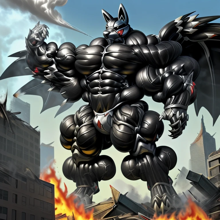 (masterpiece. official art. 8k. best quality. detailed full body. full body.)
(situation 1 : dominating LUCARIO. LUCARIO is over 1000 meters long. focus GIANT mechanical Muscular LUCARIO is trampling the city. Looking down. macro. stomp)
(situation 2 :smoke and flames rising from the destruction in the city)
(Additional details 1: Its nanosut emphasizes the muscles. wearing crNanosuit. nanosuit. creating crNanosuit. black visor. wearing a full-face helmet. hero in anime style.)
(Additional details 2: (Detailed head. Detailed Body. Detailed abs. gigantic muscles. HYPER MUSCLES. Gigachad Muscular. big muscle. pecs. triceps. traps. unusually developed muscular body. body full of huge muscles. showing off muscles. pectorales enormes. Exaggeratedly huge muscles. huge muscles. long legs.).
(Additional details 3: Spread wings. It has wings. have big wings. black wings. The claws are sharp. Sharp teeth.). (tiny thong, metallic color: jet black thong.) (crotch is incredibly swollen.)