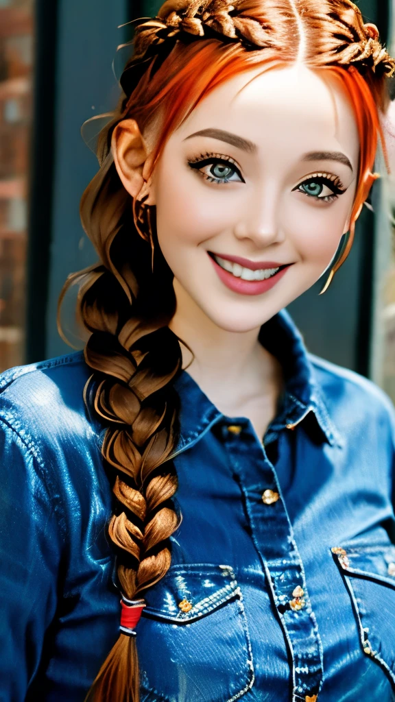 a close up of a woman with long hair wearing a denim shirt, two braids, braided brown hair, red braided hair, braided hair. nightime, braids, gorgeous hair, complex redhead braided hair, woman with braided brown hair, red intricate long braids, pigtail braids, braid hairstyle, long braided hair, beautiful hair, pigtails hairstyle
