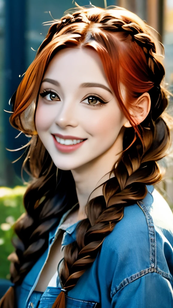 a close up of a woman with long hair wearing a denim shirt, two braids, braided brown hair, red braided hair, braided hair. nightime, braids, gorgeous hair, complex redhead braided hair, woman with braided brown hair, red intricate long braids, pigtail braids, braid hairstyle, long braided hair, beautiful hair, pigtails hairstyle