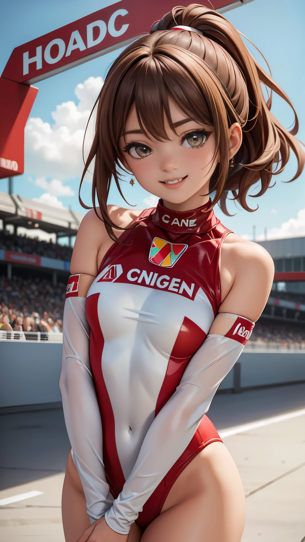 top-quality, Full limbs, complete fingers, 1 girl, ((one beautiful women, solo)), Beautiful small Breasts, Medium hair, poneytail, Race Queen Costume, Woman in red and white leotard with logo, Red arm cover, Tricolor parasol, Woman in long white boots, ((F1 Circuit, Formula 1, F1, racing car)), Naughty Poses, A big smile
