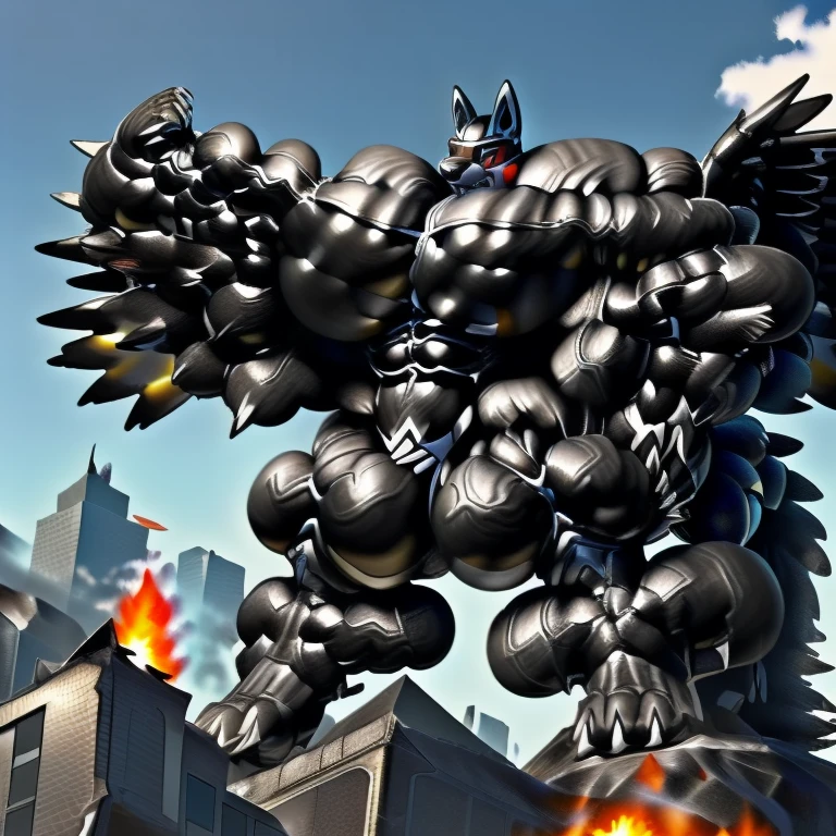 (masterpiece. official art. 8k. best quality. detailed full body. full body.)
(situation 1 : dominating LUCARIO. LUCARIO is over 1000 meters long. focus GIANT mechanical Muscular LUCARIO is trampling the city. Looking down. macro. stomp)
(situation 2 :smoke and flames rising from the destruction in the city)
(Additional details 1: Its nanosut emphasizes the muscles. wearing crNanosuit. nanosuit. creating crNanosuit. black visor. wearing a full-face helmet. hero in anime style.)
(Additional details 2: (Detailed head. Detailed Body. Detailed abs. gigantic muscles. HYPER MUSCLES. Gigachad Muscular. big muscle. pecs. triceps. traps. unusually developed muscular body. body full of huge muscles. showing off muscles. pectorales enormes. Exaggeratedly huge muscles. huge muscles. long legs.).
(Additional details 3: Spread wings. It has wings. have big wings. black wings. The claws are sharp. Sharp teeth.). (tiny thong, metallic color: jet black thong.) (crotch is incredibly swollen.)