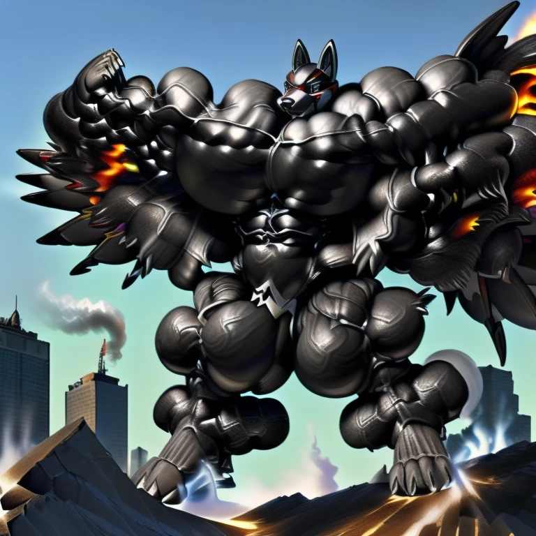 (masterpiece. official art. 8k. best quality. detailed full body. full body.)
(situation 1 : dominating LUCARIO. LUCARIO is over 1000 meters long. focus GIANT mechanical Muscular LUCARIO is trampling the city. Looking down. macro. stomp)
(situation 2 :smoke and flames rising from the destruction in the city)
(Additional details 1: Its nanosut emphasizes the muscles. wearing crNanosuit. nanosuit. creating crNanosuit. black visor. wearing a full-face helmet. hero in anime style.)
(Additional details 2: (Detailed head. Detailed Body. Detailed abs. gigantic muscles. HYPER MUSCLES. Gigachad Muscular. big muscle. pecs. triceps. traps. unusually developed muscular body. body full of huge muscles. showing off muscles. pectorales enormes. Exaggeratedly huge muscles. huge muscles. long legs.).
(Additional details 3: Spread wings. It has wings. have big wings. black wings. The claws are sharp. Sharp teeth.). (tiny thong, metallic color: jet black thong.) (crotch is incredibly swollen.)