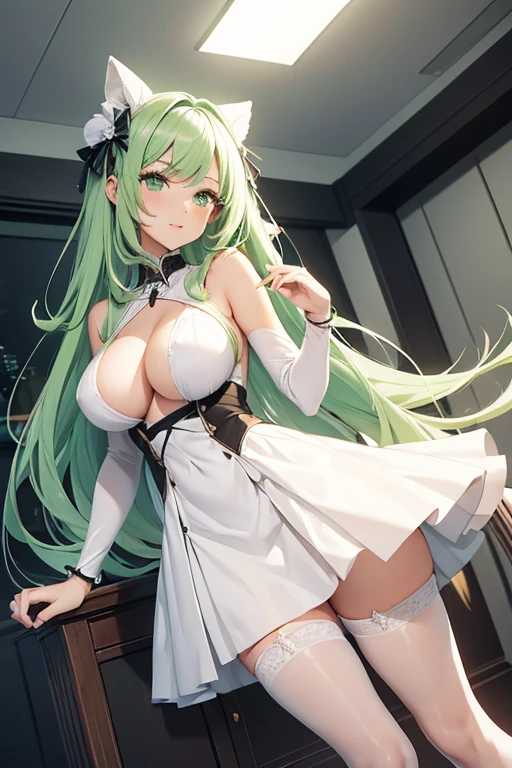 (girl1), (anime), white, with long green hair, green eyes, (pretty), (hot), an 18 year old woman, looking in front of the viewer's camera, wearing a white dress showing her shoulders, with a thin straight skirt, like a dress cloth in the lower straight part, and in the back another straight cloth, showing the legs, with white stockings, and a sexy dress, look, the size of the breasts, they are size BBB+++, Super busty, and with big ass