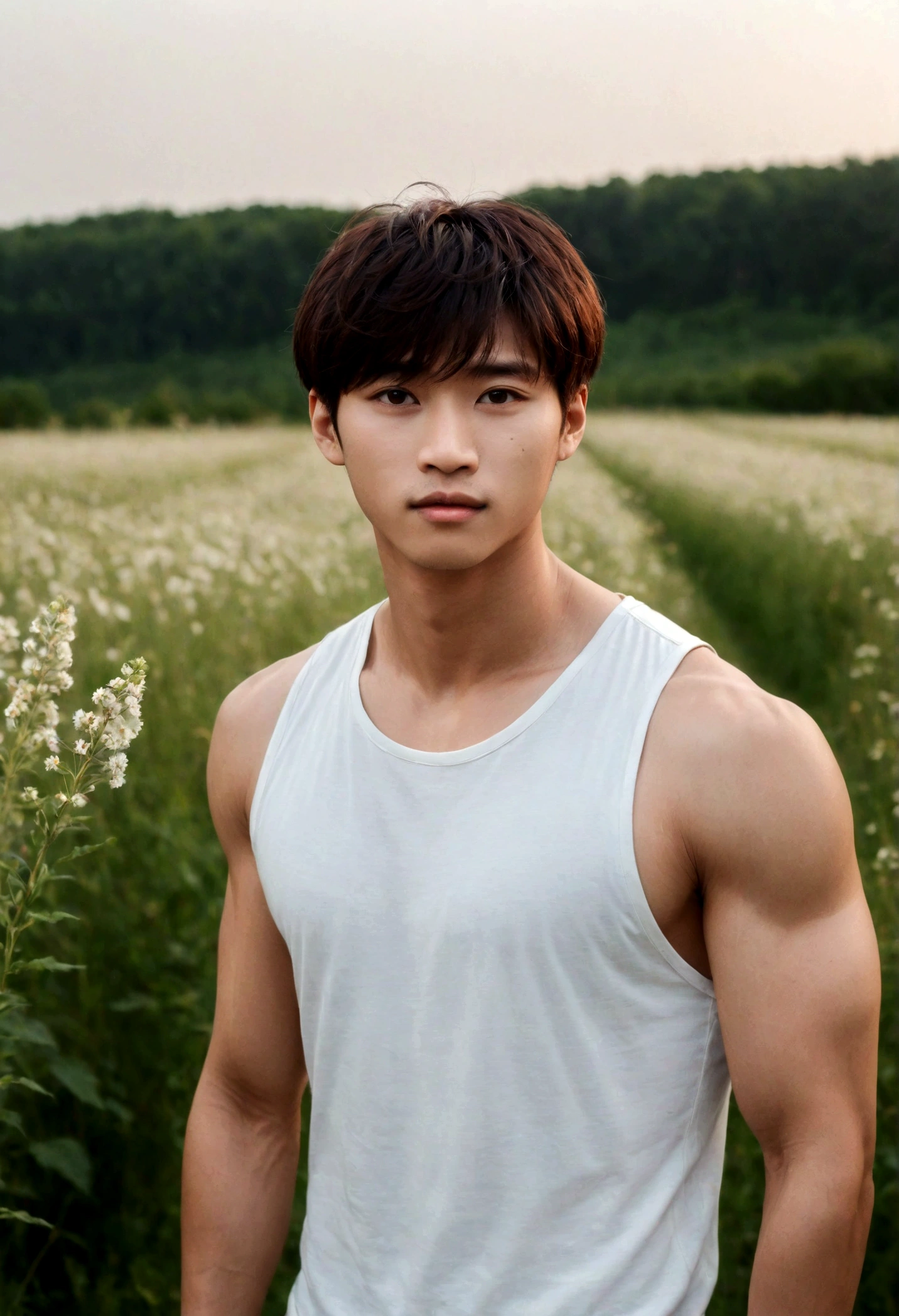 A handsome korean boy with flowers, 25 years old, brown hair, light hazel brown eyes, masculine pose standing in a meadow, mysterious lighting, muscular physique, looking into the camera, upper body, polish,bokeh,50mm,f1.4 ,canon, DSLR camera, soft lighting, high quality, film grain, Fujifilm XT3