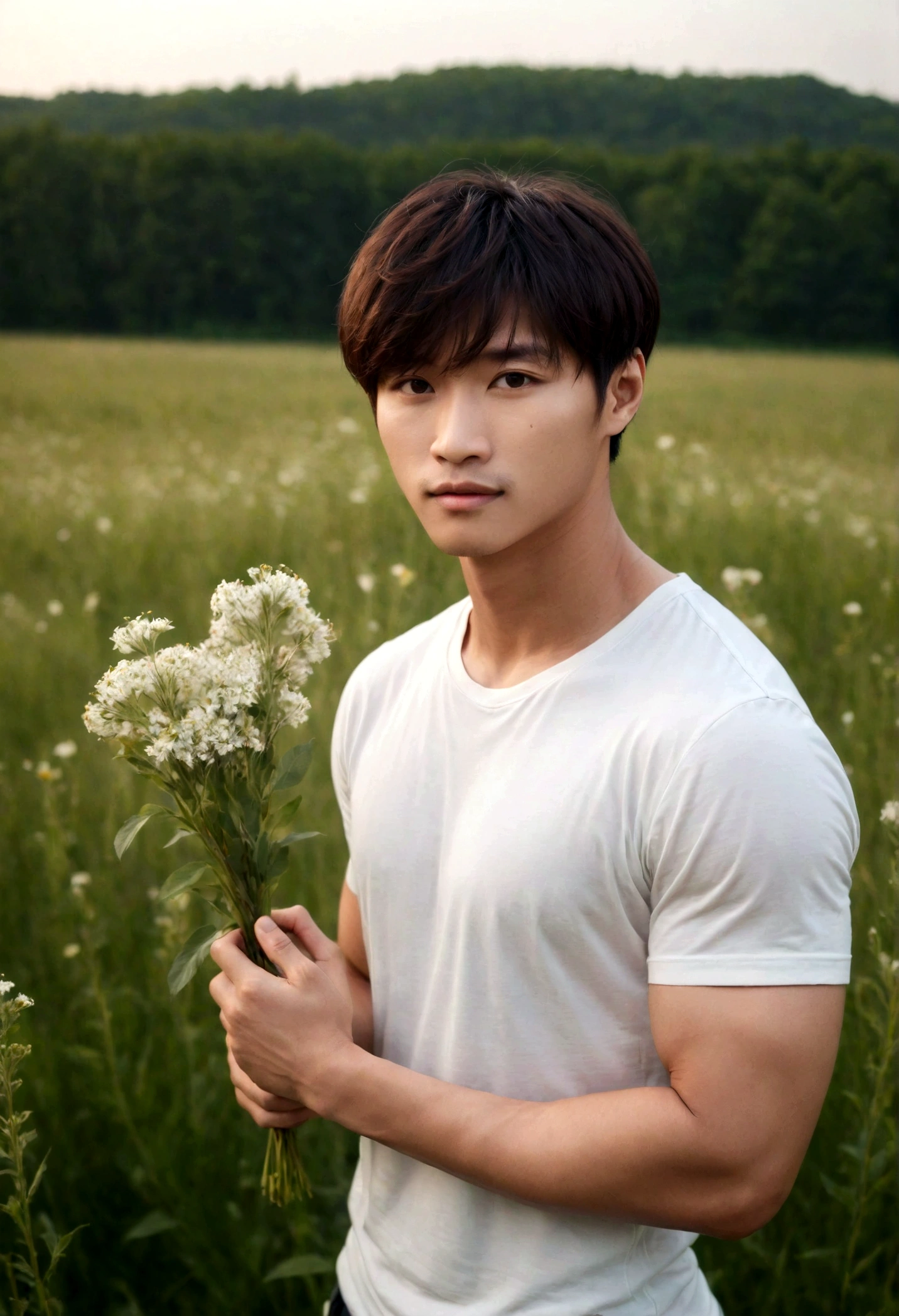 A handsome korean boy with flowers, 25 years old, brown hair, light hazel brown eyes, masculine pose standing in a meadow, mysterious lighting, muscular physique, looking into the camera, upper body, polish,bokeh,50mm,f1.4 ,canon, DSLR camera, soft lighting, high quality, film grain, Fujifilm XT3