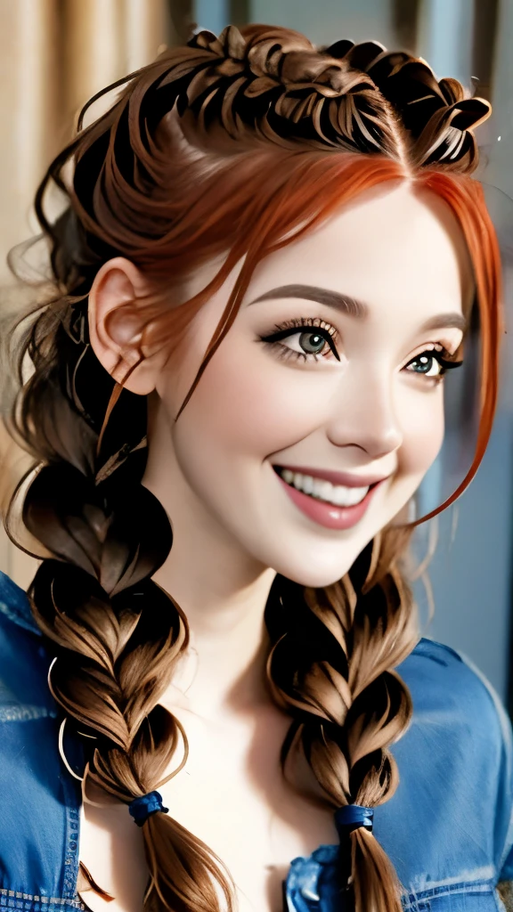 a close up of a woman with long hair wearing a denim shirt, two braids, braided brown hair, red braided hair, braided hair. nightime, braids, gorgeous hair, complex redhead braided hair, woman with braided brown hair, red intricate long braids, pigtail braids, braid hairstyle, long braided hair, beautiful hair, pigtails hairstyle