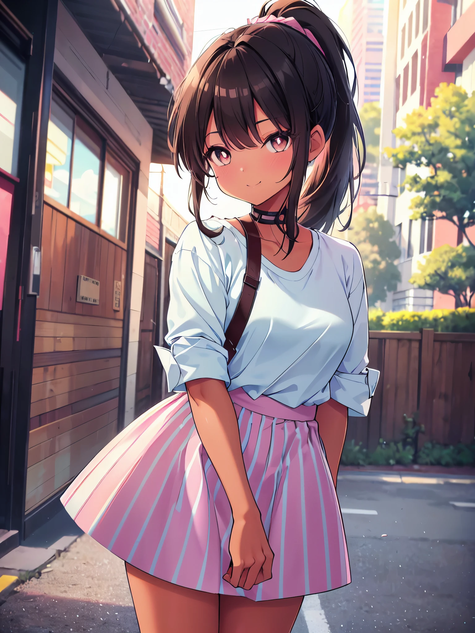 (cowboy shot), (ultra-high resolution, depth of field:1.2), 1woman, medium breasts, (tan skin:1.4), brown eyes, (long straight black hair), ponytail, bangs, (white casual shirt:1.4), light blue chocker, (pink skirt:1.1), (light blue stripes), (fishnets), tight strap, gentle smile, urban scenery