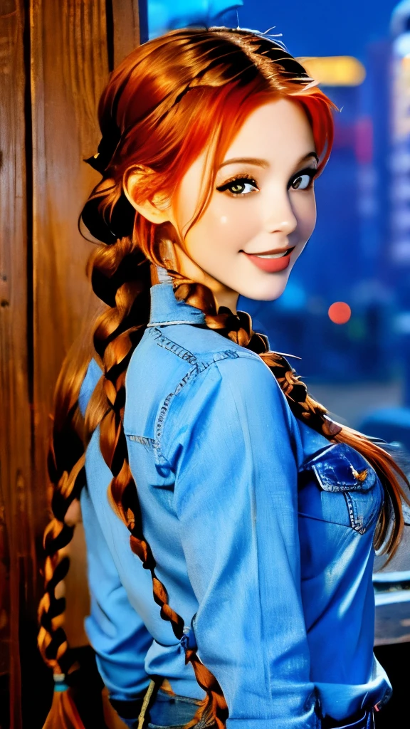 a close up of a woman with long hair wearing a denim shirt, two braids, braided brown hair, red braided hair, braided hair. nightime, braids, gorgeous hair, complex redhead braided hair, woman with braided brown hair, red intricate long braids, pigtail braids, braid hairstyle, long braided hair, beautiful hair, pigtails hairstyle