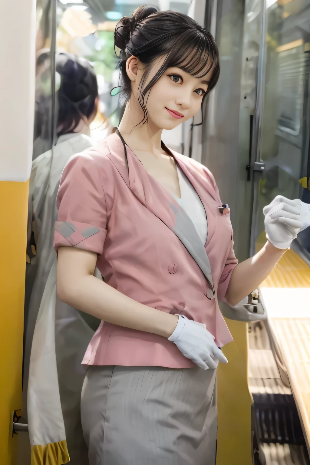 (masterpiece:1.2, highest quality:1.2), 32K HDR, High resolution, (alone、1 girl)、(On the rooftop of a building in the daytime、Professional Lighting)、Building rooftop background、(Nankai train crew uniform pinkを着たリアルスタイル)、(Nankai train crew uniform pink short sleeve pink jacket、Nankai Train Crew Uniform Pink Collarless Short Sleeve Blouse、Nankai Train Crew Uniform Pink Grey Knee-length Culottes)、Dark brown hair、(Hair tied up、Hair Bun、Hair Bun)、Dark brown hair、Long Shot、Big Breasts、Thin legs、((Great hands:2.0)),((Harmonious body proportions:1.5)),((Normal limbs:2.0)),((Normal finger:2.0)),((Delicate eyes:2.0)),((Normal eyes:2.0)))、smile、(Nankai Train Crew Uniform Pink Grey Knee-length Culottesを見せた美しい歩く姿)、Place your hands around your stomach、