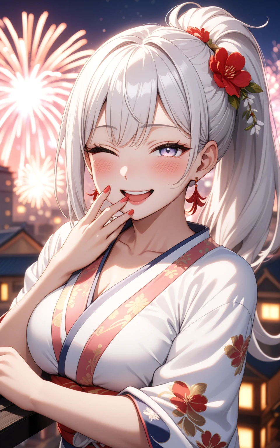 ((one personの女性)), Beautiful Face,Laughing embarrassedly,Laughing with your mouth open,((Wink:2.0)),(Bright red cheeks),Glossy pink lips,night,rooftop,firework,((Anime style background)),masterpiece, highest quality, so beautiful, Latest, Complex details, (Pink long nails),(ring),AI-generated, Complex,High resolution, highest quality, super high quality,3D Images、View your viewers、3D Images,one person,Long white hair,High Ponytail,blue eyes,Anime woman posing for a photo, ((Fine grain、Silvery white colorful eyes、Shining Eyes:1.3)),(Squint your eyes:1.1),a hyperRealistic , hyperRealistic , Realistic,Anime woman with long and white hair, Smooth anime CG art, A woman in a colorful kimono with gold embroidery, (White kimono),Red floral pattern,Long flower hair ornament,Big earrings,Mature Body,(Big Breasts:1.1),Tall,Big Ass,Fine details,Narrow waist,Abdominal muscles,(Face close-up:1.1),(clasping their hands in front of their mouth with a delighted expression),