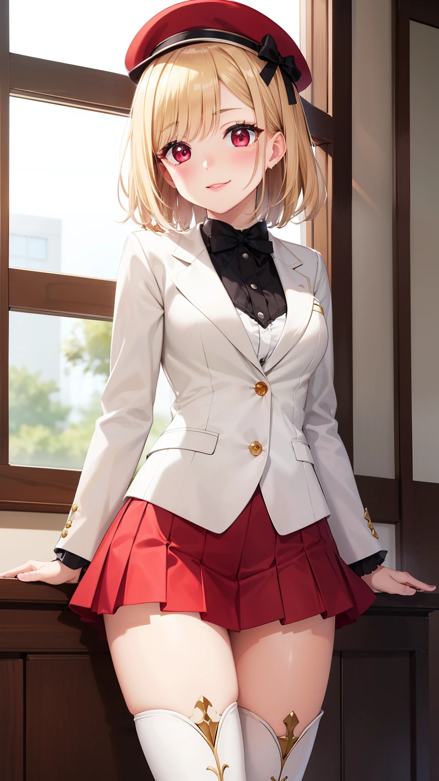 masterpiece, ultra-detailed, illustration, game cg, best quality, highres, kitagawa marin, 1girl, short fluffy blonde hair, swept bangs, gradient hair, red eyes, glossy lips, light smile, blush, medium breasts, hat, red flared miniskirt, white blazer, red thigh boots,