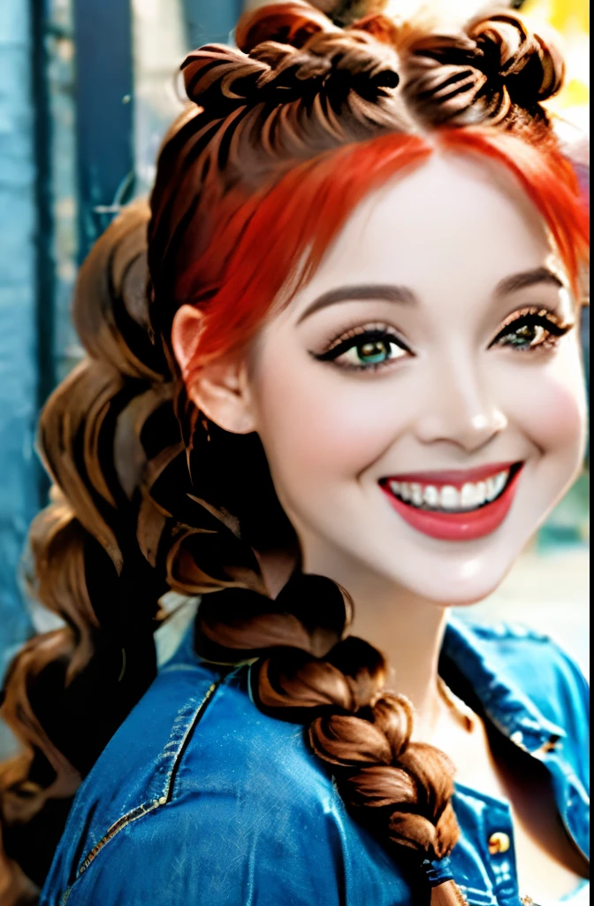 a close up of a woman with long hair wearing a denim shirt, two braids, braided brown hair, red braided hair, braided hair. nightime, braids, gorgeous hair, complex redhead braided hair, woman with braided brown hair, red intricate long braids, pigtail braids, braid hairstyle, long braided hair, beautiful hair, pigtails hairstyle
