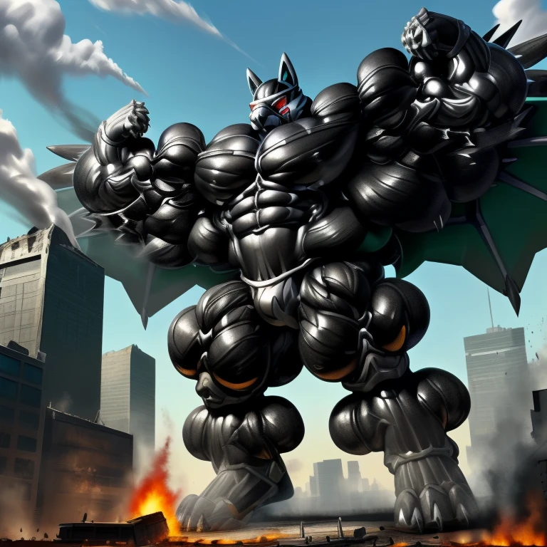 (masterpiece. official art. 8k. best quality. detailed full body. full body.)
(situation 1 : dominating LUCARIO. LUCARIO is over 1000 meters long. focus GIANT mechanical Muscular LUCARIO is trampling the city. Looking down. macro. stomp)
(situation 2 :smoke and flames rising from the destruction in the city)
(Additional details 1: Its nanosut emphasizes the muscles. wearing crNanosuit. nanosuit. creating crNanosuit. black visor. wearing a full-face helmet. hero in anime style.)
(Additional details 2: (Detailed head. Detailed Body. Detailed abs. gigantic muscles. HYPER MUSCLES. Gigachad Muscular. big muscle. pecs. triceps. traps. unusually developed muscular body. body full of huge muscles. showing off muscles. pectorales enormes. Exaggeratedly huge muscles. huge muscles. long legs. bodybuilders body.).
(Additional details 3: Spread wings. It has wings. have big wings. black wings. The claws are sharp. Sharp teeth.). (tiny thong, metallic color: jet black thong.) (crotch is incredibly swollen.)