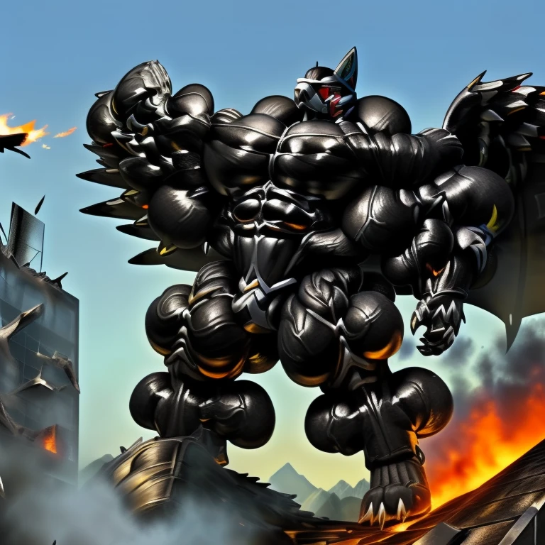 (masterpiece. official art. 8k. best quality. detailed full body. full body.)

(situation 1 : dominating LUCARIO. LUCARIO is over 1000 meters long. focus GIANT mechanical Muscular LUCARIO is trampling the city. Looking down. macro. stomp)

(situation 2 :smoke and flames rising from the destruction in the city)

(Additional details 1: Its nanosut emphasizes the muscles. wearing crNanosuit. nanosuit. creating crNanosuit. black visor. wearing a full-face helmet. hero in anime style.)

(Additional details 2: (Detailed head. Detailed Body. Detailed abs. gigantic muscles. HYPER MUSCLES. Gigachad Muscular. big muscle. pecs. triceps. traps. unusually developed muscular body. body full of huge muscles. showing off muscles. pectorales enormes. Exaggeratedly huge muscles. huge muscles. long legs. bodybuilders body.).

(Additional details 3: Spread wings. It has wings. have big wings. black wings. The claws are sharp. Sharp teeth.). (tiny thong, metallic color: jet black thong.) (crotch is incredibly swollen.)