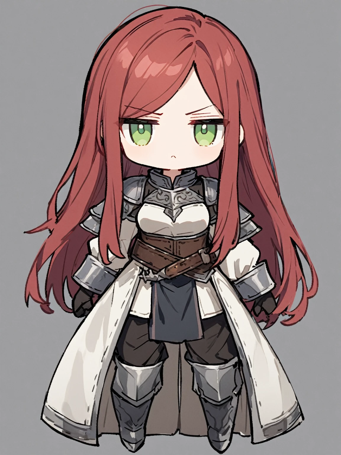 {{{kame (kamepan44231), full body, no humans, chibi, jitome, fumo (doll)}}}, straight-on, looking at viewer, medieval fantasy, solo, blank background, white background, 1girl, solo, red hair, long hair, long sidelocks, long bangs, parted bangs, swept bangs, light green eyes, tsurime, long sleeves, grey gauntlets, long black pants, medium breasts, adventurer, faulds, leather belt, (white coat), black gloves, pose, confident, young female, frown.