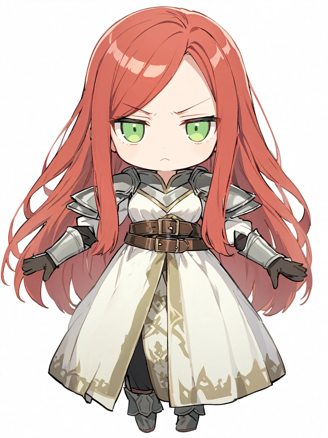 {{{kame (kamepan44231), full body, no humans, chibi, jitome, fumo (doll)}}}, straight-on, looking at viewer, medieval fantasy, solo, blank background, white background, 1girl, solo, red hair, long hair, long sidelocks, long bangs, parted bangs, swept bangs, light green eyes, tsurime, long sleeves, grey gauntlets, long black pants, medium breasts, adventurer, faulds, leather belt, (white coat), black gloves, pose, confident, young female, frown.
