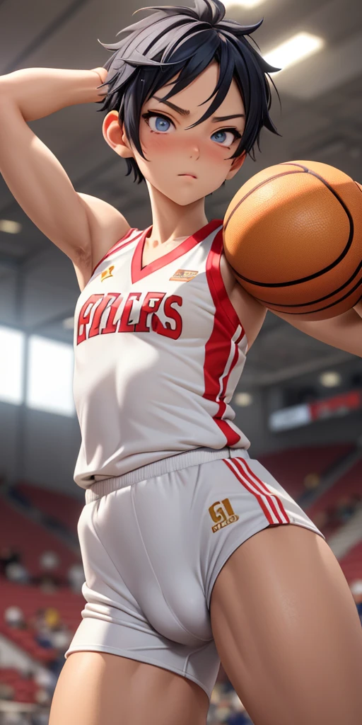 Masterpiece, anime CG, boy, white spiked short hair, wheat-colored skin, muscles, sports girl, wearing basketball uniform, smooth texture, silk texture , golden pupils, perfect eyes