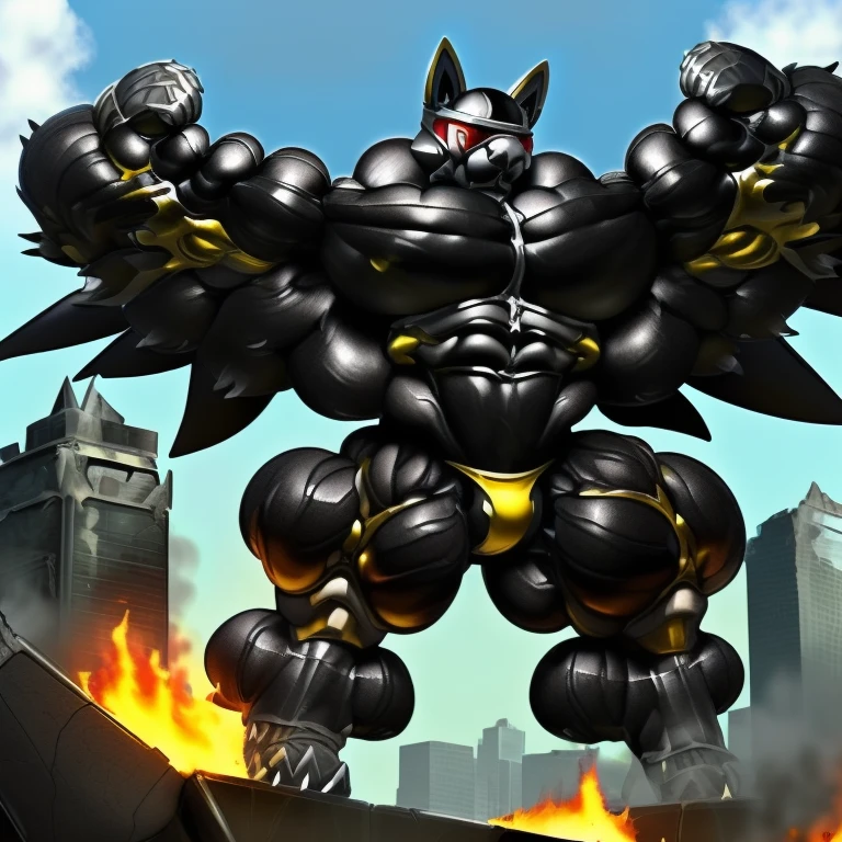 (masterpiece. official art. 8k. best quality. detailed full body. full body.)
(situation 1 : dominating LUCARIO. LUCARIO is over 1000 meters long. focus GIANT mechanical Muscular LUCARIO is trampling the city. Looking down. macro. stomp)
(situation 2 :smoke and flames rising from the destruction in the city)
(Additional details 1: Its nanosut emphasizes the muscles. wearing crNanosuit. nanosuit. creating crNanosuit. black visor. wearing a full-face helmet. hero in anime style.)
(Additional details 2: (Detailed head. Detailed Body. Detailed abs. gigantic muscles. HYPER MUSCLES. Gigachad Muscular. big muscle. pecs. triceps. traps. unusually developed muscular body. body full of huge muscles. showing off muscles. pectorales enormes. Exaggeratedly huge muscles. huge muscles. long legs. bodybuilders body.).
(Additional details 3: Spread wings. It has wings. have big wings. black wings. The claws are sharp. Sharp teeth.). (tiny thong, metallic color: jet black thong.) (crotch is incredibly swollen.)