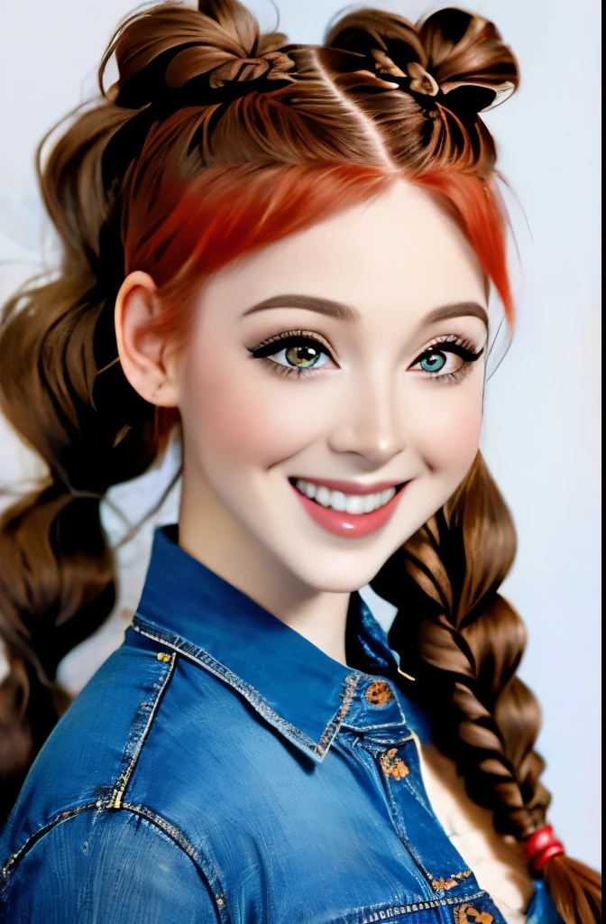 a close up of a woman with long hair wearing a denim shirt, two braids, braided brown hair, red braided hair, braided hair. nightime, braids, gorgeous hair, complex redhead braided hair, woman with braided brown hair, red intricate long braids, pigtail braids, braid hairstyle, long braided hair, beautiful hair, pigtails hairstyle