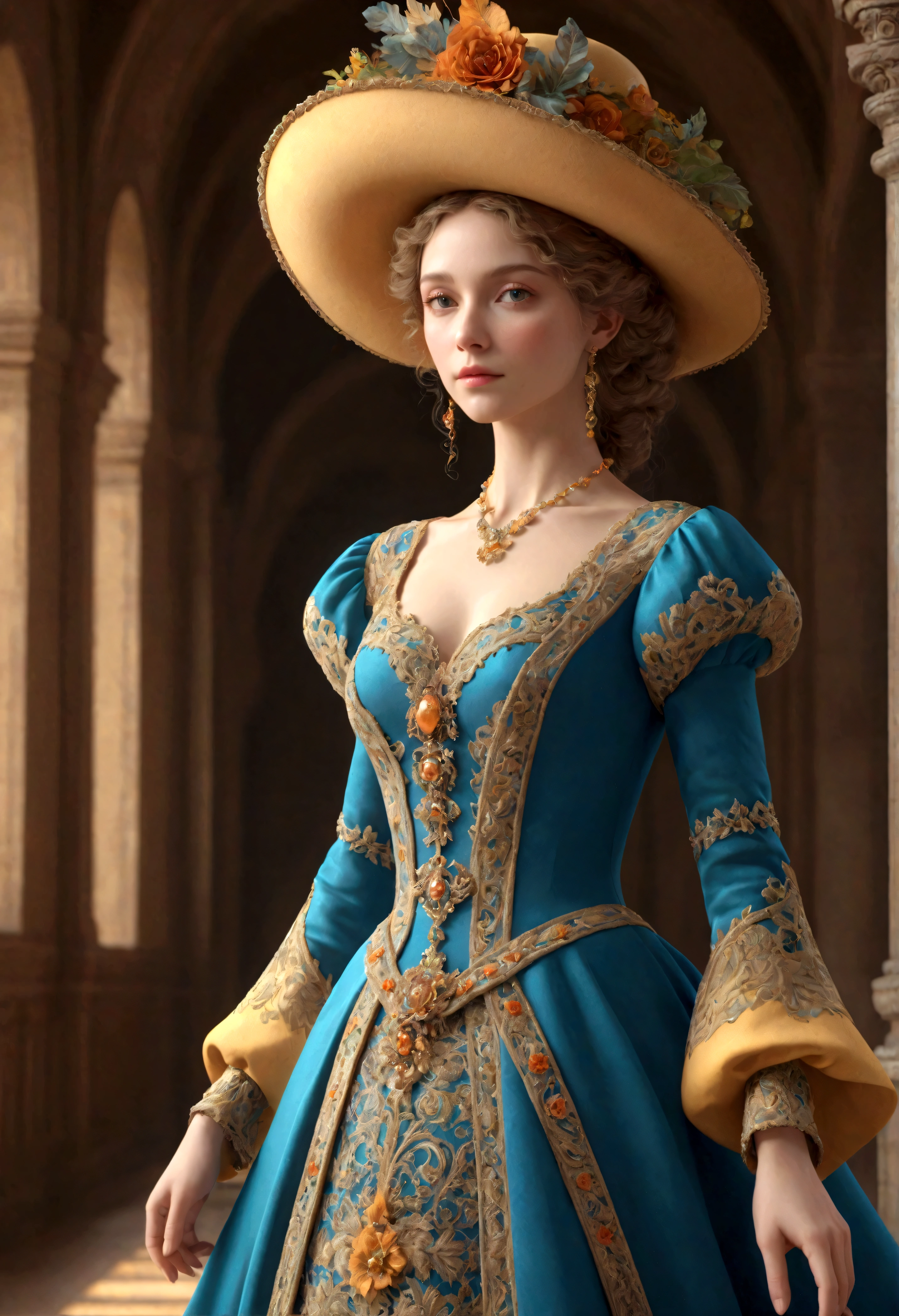 Woman in luxurious long dress、hat、Renaissance design、intricate detailed, Digital Art、Octane Render、3D Rendering、