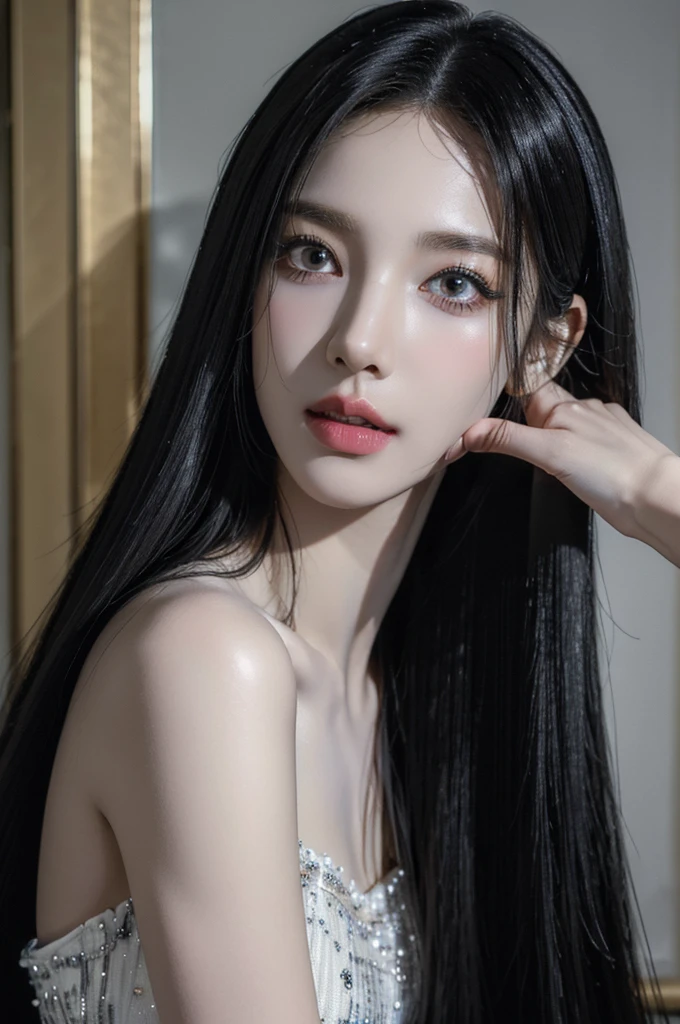 (best quality:1.4),(masterpiece:1.4),(photorealistic:1.4),(ultra high res, raw photo:1.4),(hdr, hyperdetailed:1.2),close up, 1woman,(black long straight hair:1.4), close up, (long eyelashes)