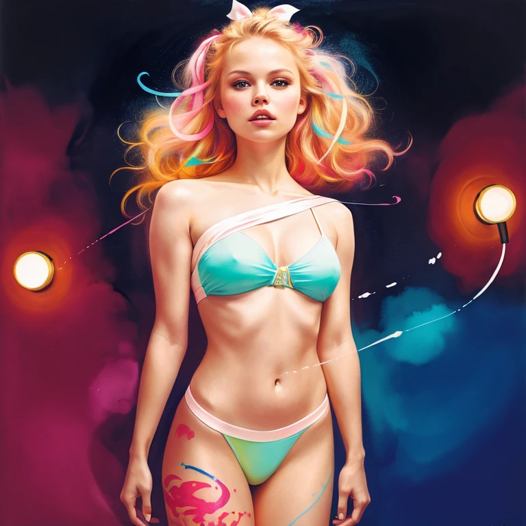 (8k, best quality, masterpiece:1.2),(best quality:1.0), (ultra highres:1.0), pencil colors, Pamela Anderson, shoulder, hair ribbons, by agnes cecile, full body photography, extremely luminous bright design, pastel colors, (ink:1.3), autumn lights