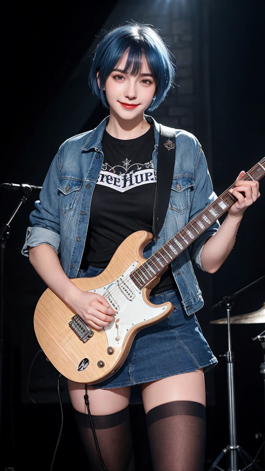 ((best quality)), photorealistic, photorealism, Photorealistic, high resolution, denim jacket、 rock t shirt、Red checked knee-length skirt、Long skirt、JK Style、Jacket、smile、Knee-high socks、Thigh-high socks、pantyhose、A superb beauty、Super cute、ennui、Rare beauty、Very Short hair、Aestethic tatoo, Black Dark Eyeshadow、Sad、white skin、pale skin, Very short hair layered、Dark Gothic Makeup、Cute Smile、Fragrant beauty、Stained glass background、Mastepiece、Best Quality、Refers to 5 books、Sweat glistening on my chest、Sweat glistening on my face、Small breasts、Blue hair、Age 20 years old、Mysterious look、A sad expression、Blue Hair、mysterious gothic church、enchanting castle、Sweating profusely all over the body、A lot of sweat and light on the thighs、Shiny thighs、Plenty of sweat glistening on the thighs、A large amount of sweat glistens on my thighs、Sweating profusely、Gal、Medium breasts、beautiful face、Alluring expression、Thin thighs、Playing electric guitar、I have an electric guitar、Sing a song enthusiastically、Playing guitar in a band、Playing guitar chords、Live House Background、Sing a song、Open your mouth、Live house scenery、Mike stand、Glamorous live stage、Dynamic Angle、cinematic lighting, full body figure, full body photoshot, revealed foot and shoes