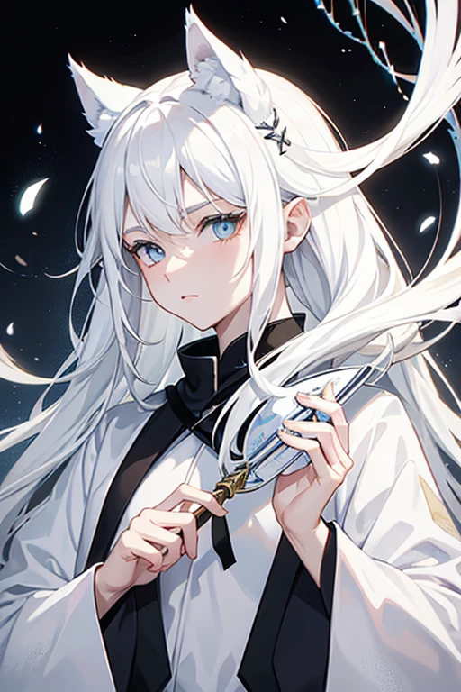 White Wolf Boy,Pointed ears,White hair,Holding a pure white mask to cover the face,45 degree side face