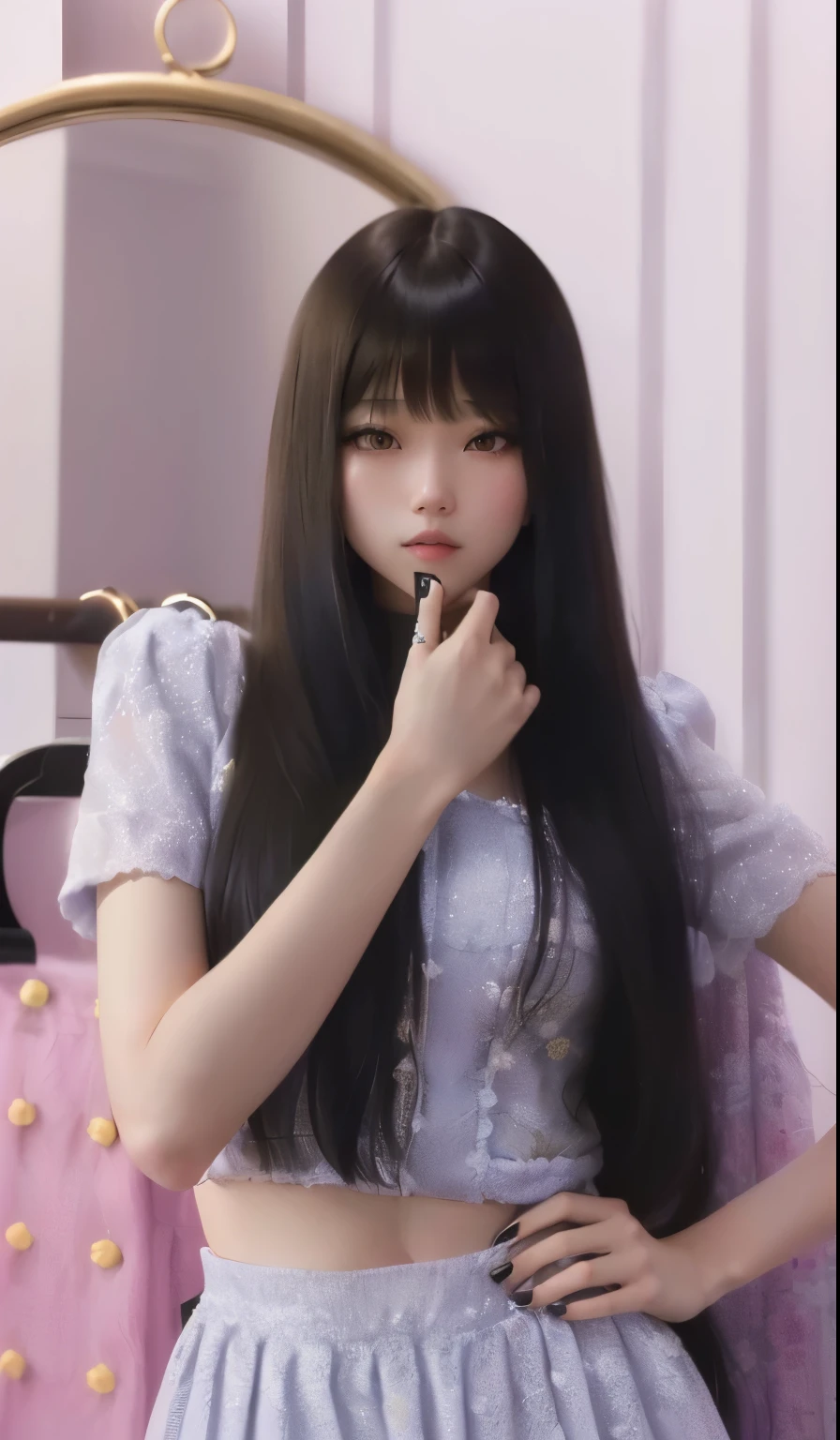 a close up of a person standing in front of a mirror, long hair with full bangs, she has black hair with bangs, the hime cut, lalisa manobal, long hair with bangs, with full bangs, bae suzy, with bangs, white hime cut hairstyle, lalisa manoban of blackpink, neat hair with bangs, brown long hair with bangs