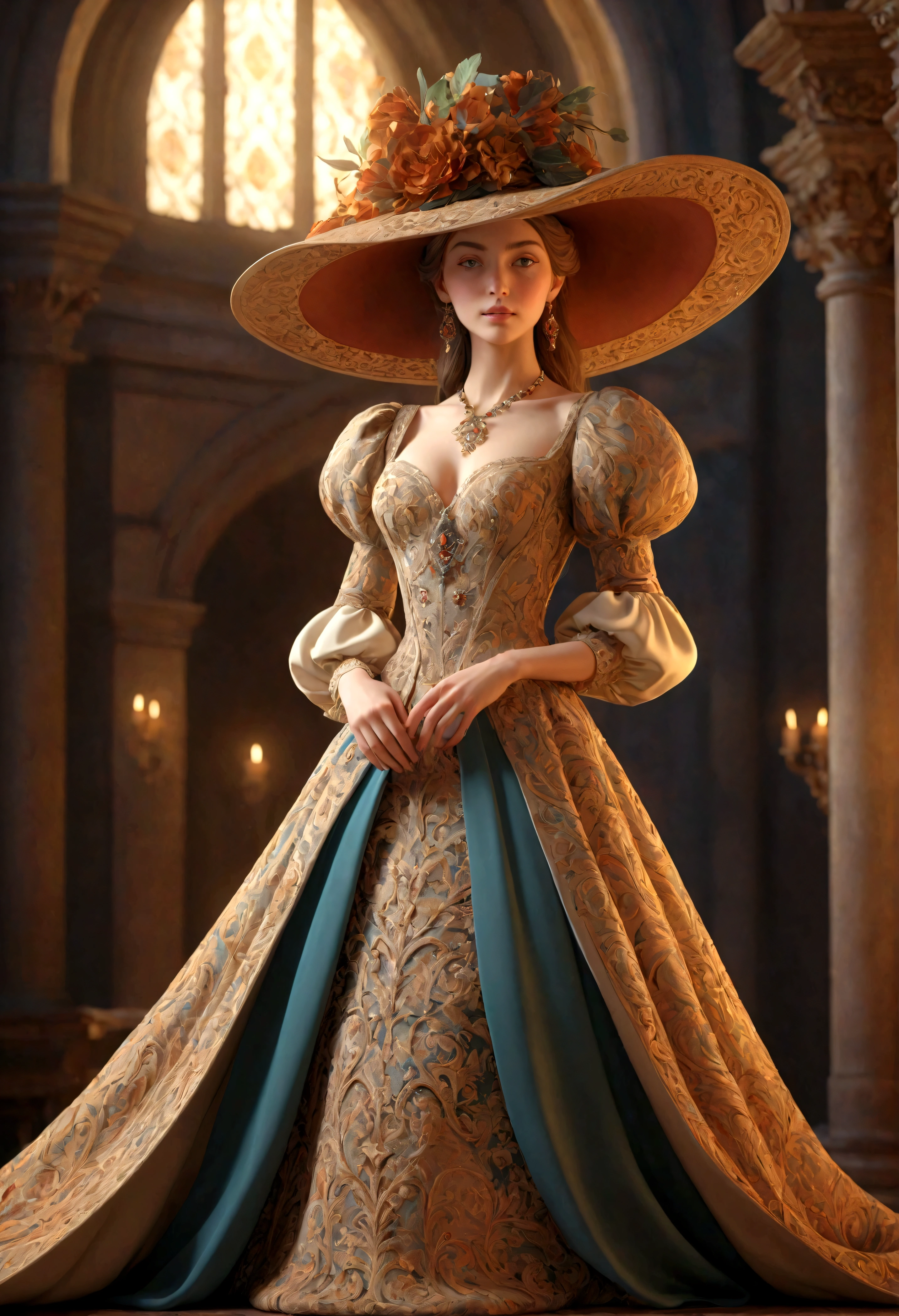 Woman in luxurious long dress、hat、Renaissance design、intricate detailed, Digital Art、Octane Render、3D Rendering、
