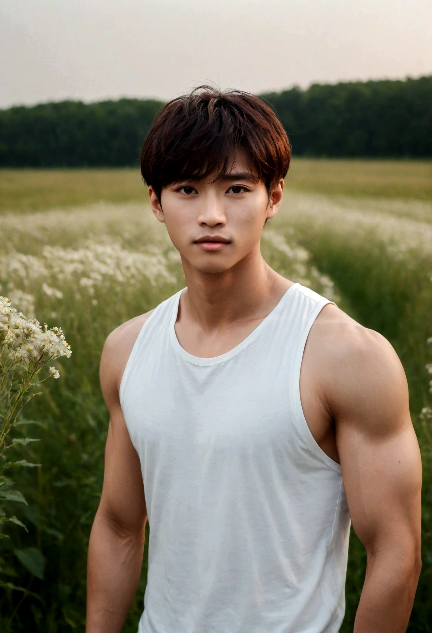 A handsome korean boy with flowers, 25 years old, brown hair, light hazel brown eyes, masculine pose standing in a meadow, mysterious lighting, muscular physique, looking into the camera, upper body, polish,bokeh,50mm,f1.4 ,canon, DSLR camera, soft lighting, high quality, film grain, Fujifilm XT3