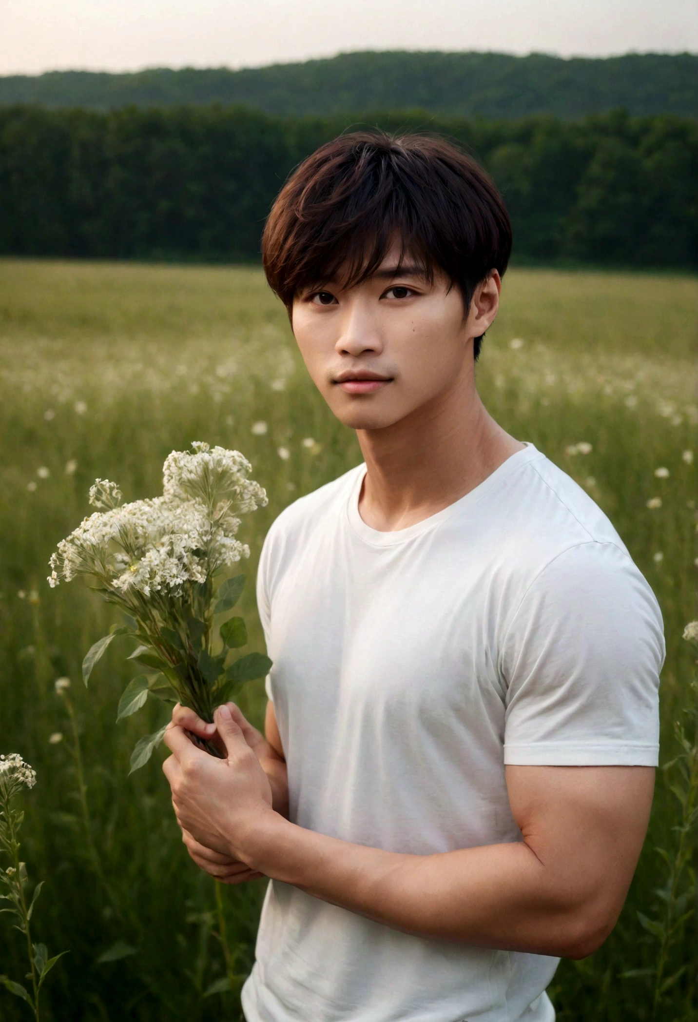 A handsome korean boy with flowers, 25 years old, brown hair, light hazel brown eyes, masculine pose standing in a meadow, mysterious lighting, muscular physique, looking into the camera, upper body, polish,bokeh,50mm,f1.4 ,canon, DSLR camera, soft lighting, high quality, film grain, Fujifilm XT3