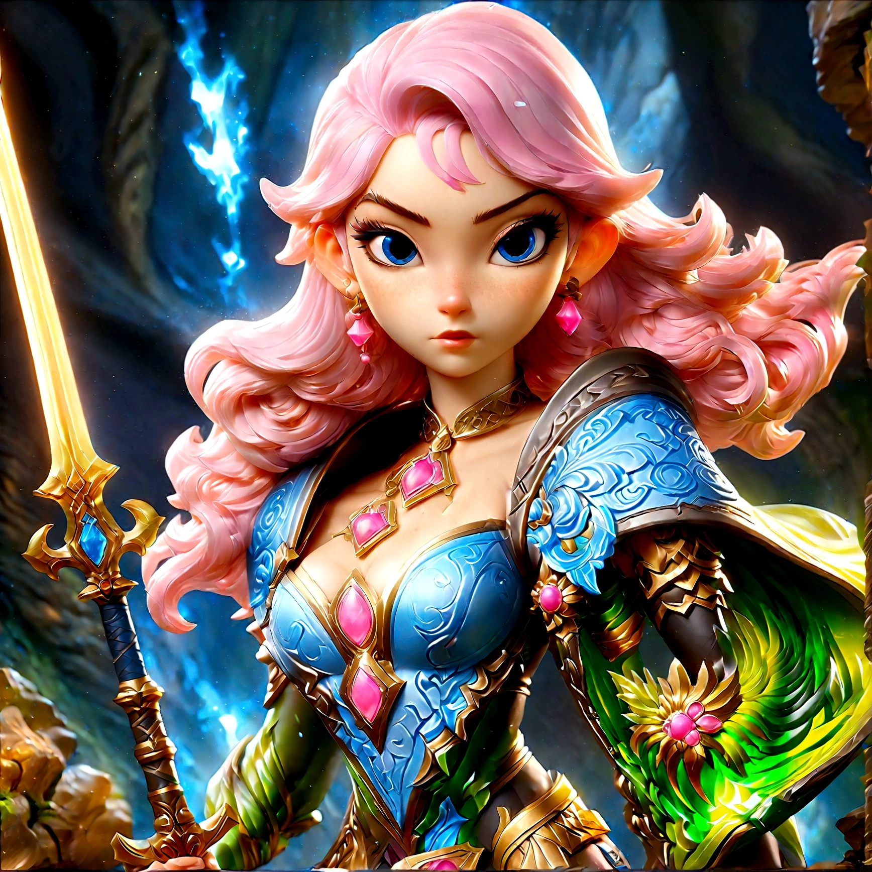 fantasy art, dnd art, RPG art, wide shot, (masterpiece: 1.4) a (portrait: 1.3) intense details, highly detailed, photorealistic, best quality, highres, portrait a female (fantasy art, Masterpiece, best quality: 1.3) ((blue skin: 1.5)), intense details facial details, exquisite beauty, (fantasy art, Masterpiece, best quality) cleric, (blue: 1.3) skinned female, ((pink hair: 1.5)), long hair, ((no ears: 1.5)), (green: 1.3) eye, fantasy art, Masterpiece, best quality) armed a fiery sword red fire, wearing heavy (white: 1.3) half plate mail armor, wearing high heeled laced boots, wearing an(orange :1.3) cloak, wearing glowing holy symbol GlowingRunes_yellow, within fantasy temple background, reflection light, high details, best quality, 16k, [ultra detailed], masterpiece, best quality, (extremely detailed), close up, ultra wide shot, photorealistic, RAW, fantasy art, dnd art, fantasy art, realistic art,((best quality)), ((masterpiece)), (detailed), perfect face, colouredglazecd_xl