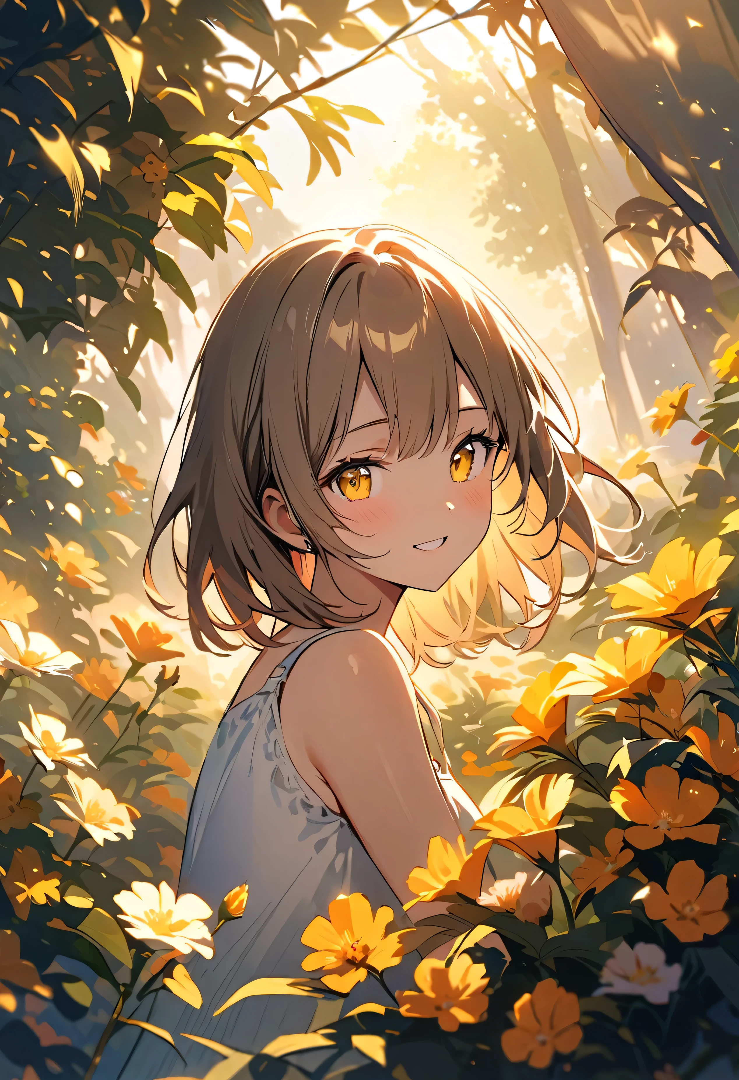 "Picture a serene scene of a girl in a white sundress, peacefully surrounded by flowers, her yellow eyes gently gazing at the viewer. She exudes a sense of calm and happiness, with a subtle grin on her face. The setting sun bathes everything in a warm light, creating a dreamy atmosphere.