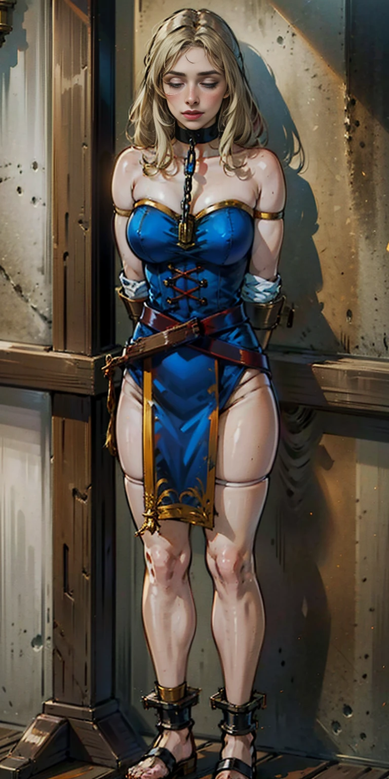 (masterpiece, best quality), intricate details, 1girl, Mercedes von Martritz from Fire Emblem (standing full body toe to head by wooden pole:1.2) iron collar, arms behind back, iron cuffs, shackles, bound, bondage outfit, harness, o-ring, bondage outfit blindfolded cover eyes, happy red cheeks, chain leash collar choker neck bell shackles wristbands bracers bracelets, cleave gag