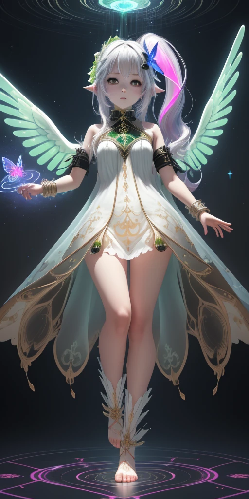 Ridiculous , high resolution, Super detailed, (1 girl:1.3), rest, fantasy dress, headgear, rest, light role, Dark persona, mind control, Fractal, whole body, Ceiling board, artistic background, blue bioluminescence, Geometric, organic, bless, favor, sublime, sublimation, noble, Expand, untie, anti-gravity, antimatter, guardian angel, holy, sacred, lolita, dignified, red bioluminescence, flower, Holographic wings, on the magic circle, Photon, Butterfly, scales, galaxy, Piccolo,