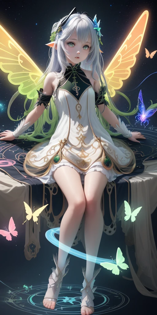 Ridiculous , high resolution, Super detailed, (1 girl:1.3), rest, fantasy dress, headgear, rest, light role, Dark persona, mind control, Fractal, whole body, Ceiling board, artistic background, blue bioluminescence, Geometric, organic, bless, favor, sublime, sublimation, noble, Expand, untie, anti-gravity, antimatter, guardian angel, holy, sacred, ta, dignified, red bioluminescence, flower, Holographic wings, on the magic circle, Photon, Butterfly, scales, galaxy, Piccolo,