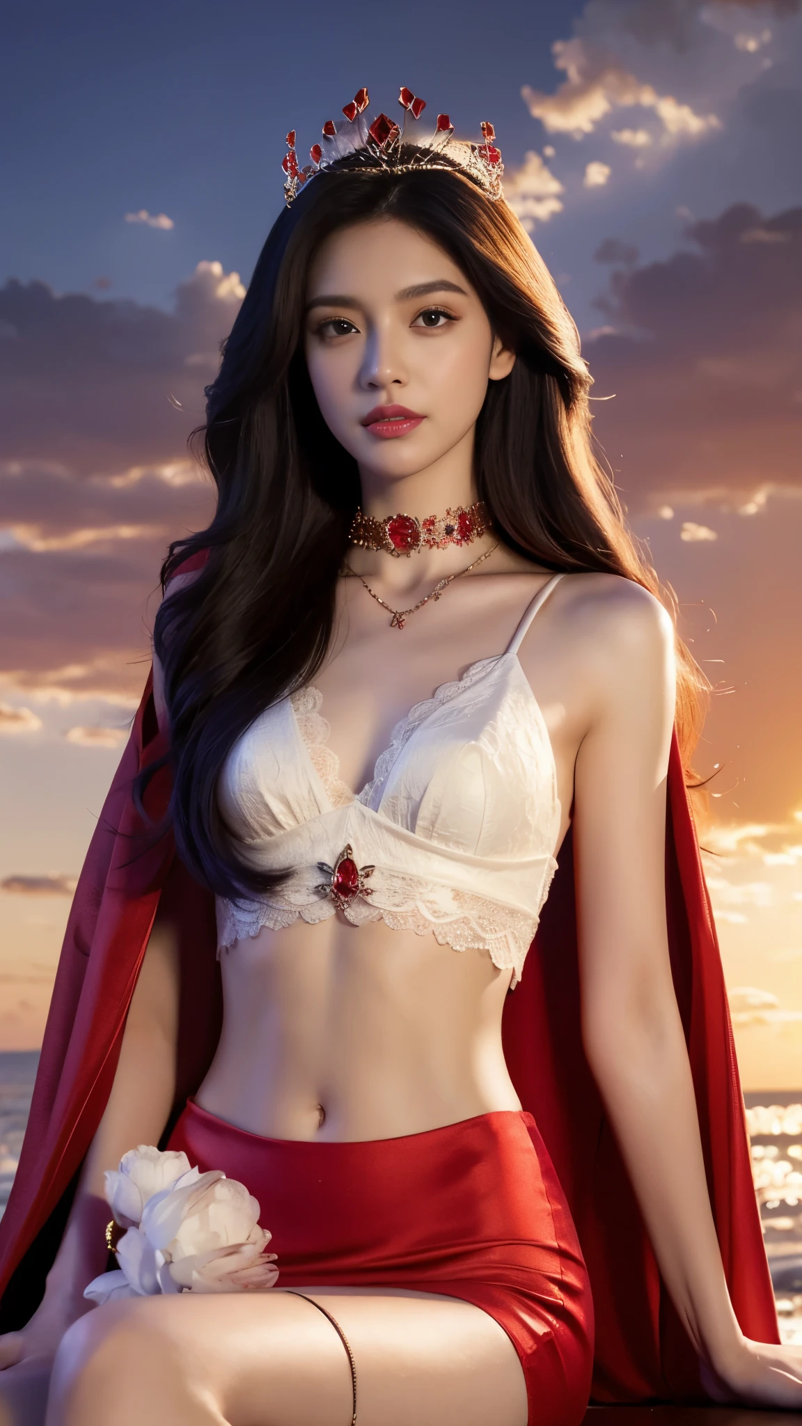 photorealistic, 1girl, ((slim body)), long hair, gradient hair, solo, detailed eyes, jewelry, bracelet, choker, small breasts, looking at viewer, realistic, necklace, (((red princess))), long skirt, thigh highs, red cape, sardine, lace, evening, sunlight, clouds, in the sky, clouds, realistic sun light,, detailed, upper body, sitting,