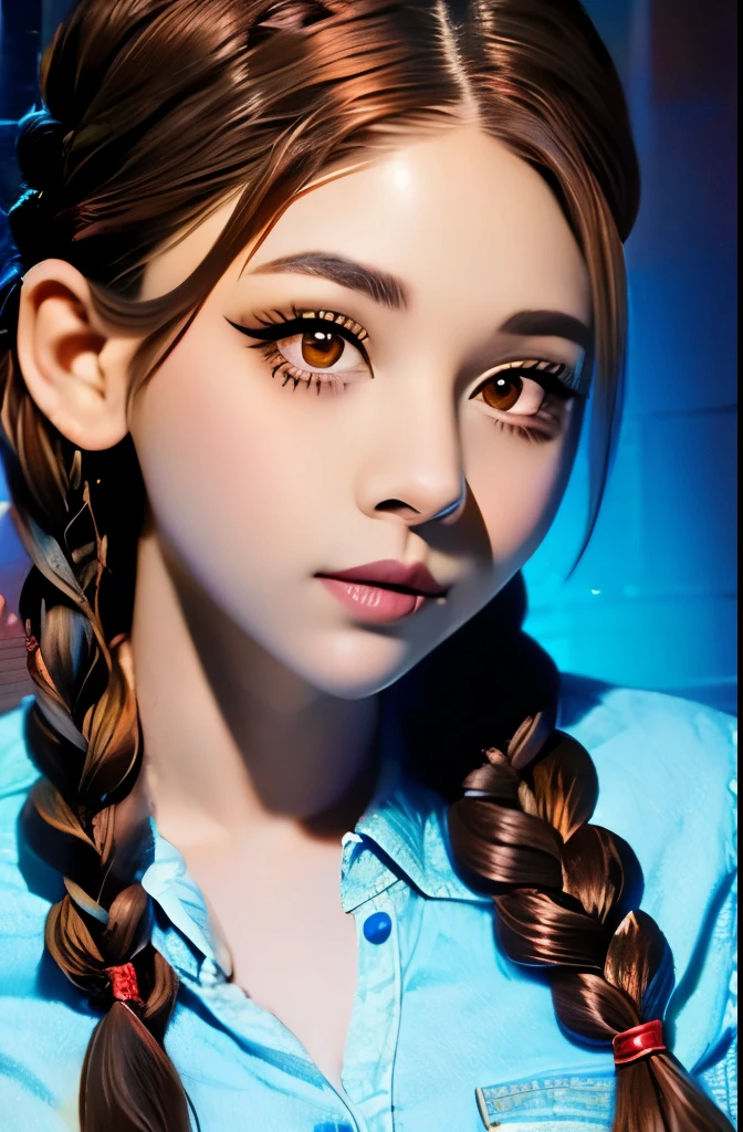a close up of a woman with long hair wearing a denim shirt, two braids, braided brown hair, red braided hair, braided hair. nightime, braids, gorgeous hair, complex redhead braided hair, woman with braided brown hair, red intricate long braids, pigtail braids, braid hairstyle, long braided hair, beautiful hair, pigtails hairstyle