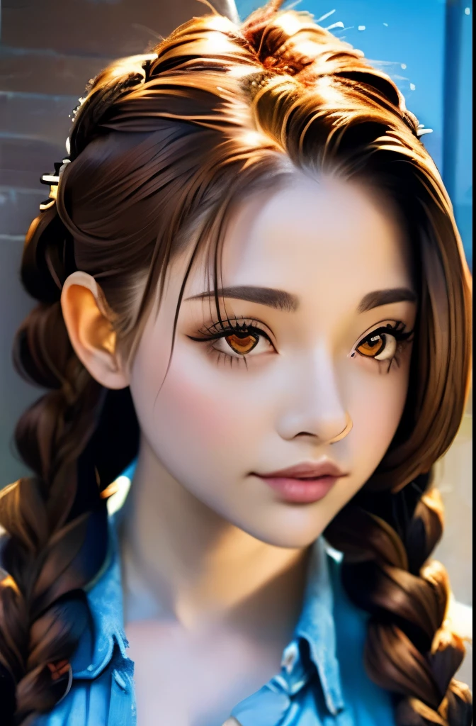 a close up of a woman with long hair wearing a denim shirt, two braids, braided brown hair, red braided hair, braided hair. nightime, braids, gorgeous hair, complex redhead braided hair, woman with braided brown hair, red intricate long braids, pigtail braids, braid hairstyle, long braided hair, beautiful hair, pigtails hairstyle