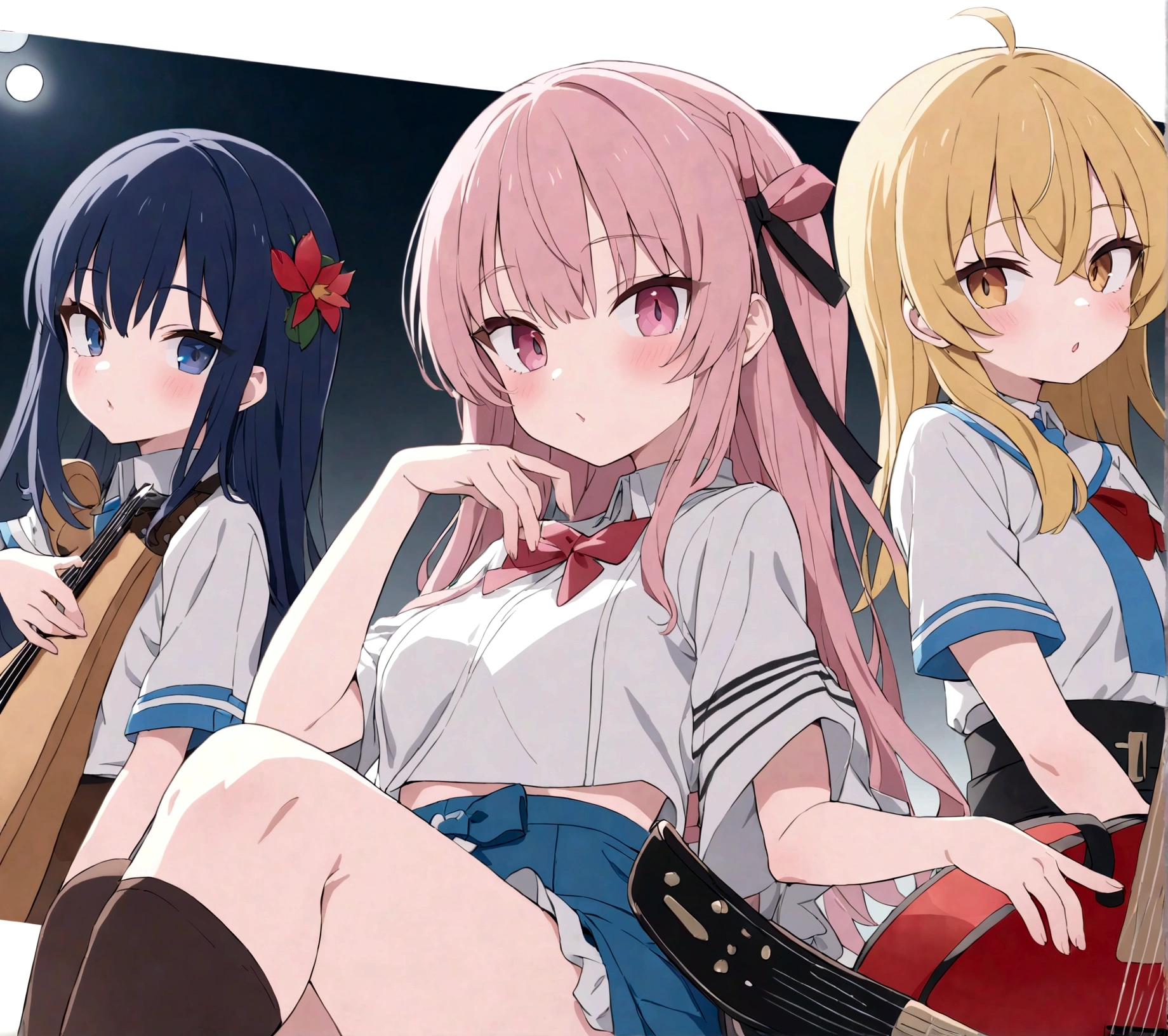 A photo of the kessoku band from bocchi the rock, 4 girls with their musical instruments, asanagi style, beautiful detailed eyes, beautiful detailed lips, extremely detailed eyes and face, long eyelashes, 8k, high quality
