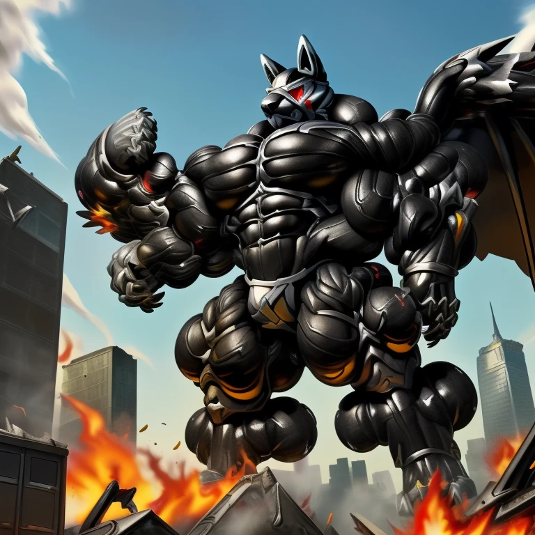(masterpiece. official art. 8k. best quality. detailed full body. full body.)
(situation 1 : dominating LUCARIO. LUCARIO is over 1000 meters long. focus GIANT mechanical Muscular LUCARIO is trampling the city. Looking down. macro. stomp)
(situation 2 :smoke and flames rising from the destruction in the city)
(Additional details 1: Its nanosut emphasizes the muscles. wearing crNanosuit. nanosuit. creating crNanosuit. black visor. wearing a full-face helmet. hero in anime style.)
(Additional details 2: (Detailed head. Detailed Body. Detailed abs. gigantic muscles. HYPER MUSCLES. Gigachad Muscular. big muscle. pecs. triceps. traps. unusually developed muscular body. body full of huge muscles. showing off muscles. pectorales enormes. Exaggeratedly huge muscles. huge muscles. long legs. bodybuilders body.).
(Additional details 3: Spread wings. It has wings. have big wings. black wings. The claws are sharp. Sharp teeth.). (tiny thong, metallic color: jet black thong.) (crotch is incredibly swollen.) Hold the airplane with your hand.